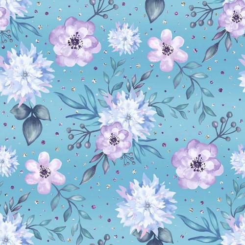Fioletowe i niebieskie kwiaty na turkusowym tle