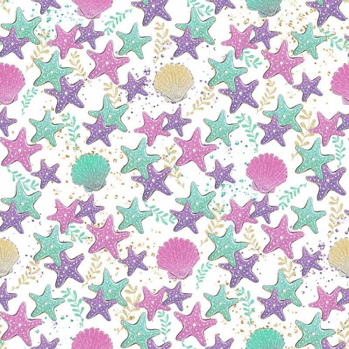 Turkusowe i fioletowe muszle i rozgwiazdy na białym tle