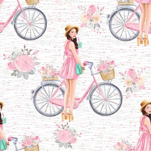 Dziewczyny i rowery z kwiatami na białym tle
