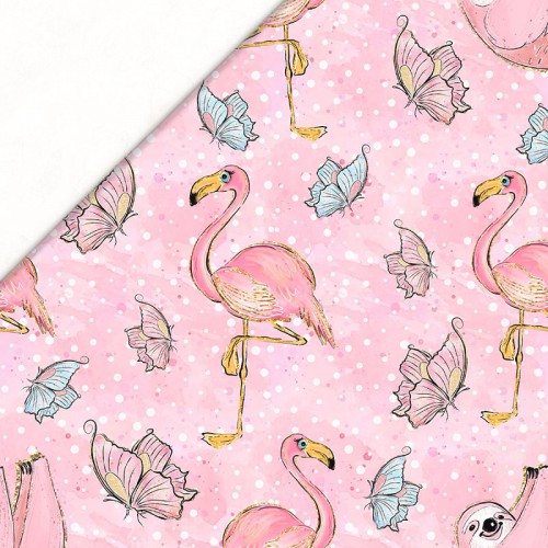 Flamingi i leniwce tle na różowym tle