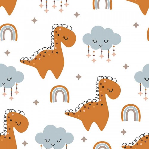 Pomarańczowe dinozaury i chmury na białym tle