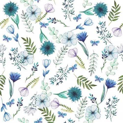 Niebieskie pastelowe kwiaty i gałązki na białym tle