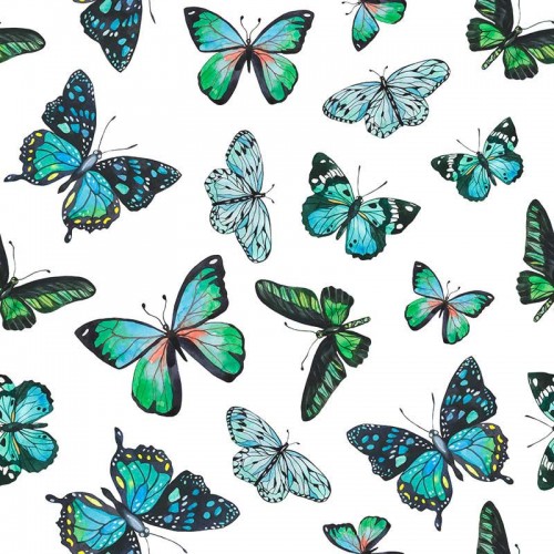 Niebieskie i zielone motyle na białym tle