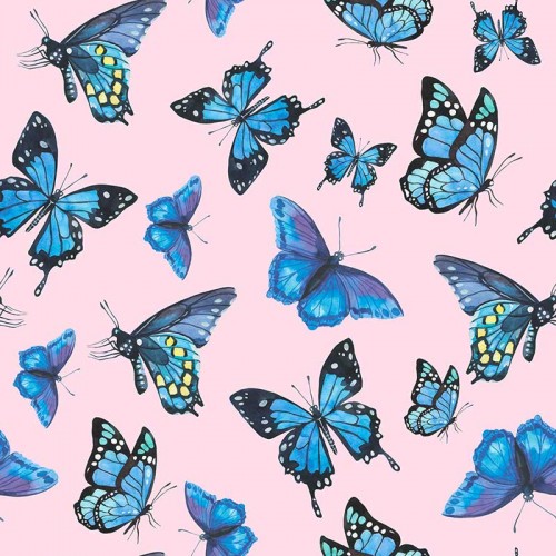 Niebieskie motyle na różowym tle