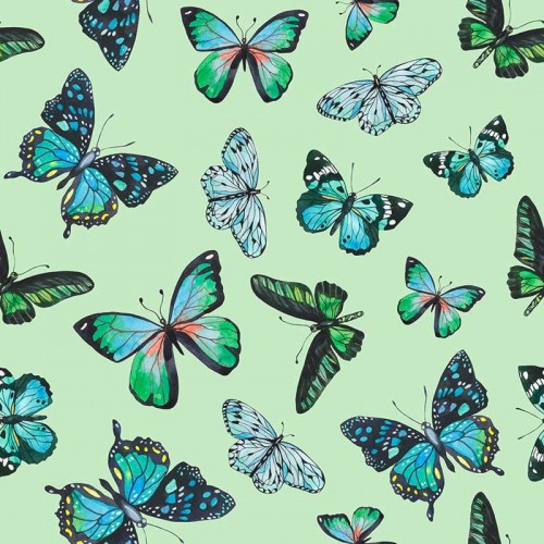 Niebieskie i zielone motyle na miętowym tle