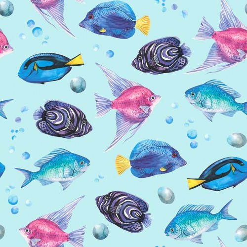 Niebieskie i fioletowe rybki na błękitnym tle