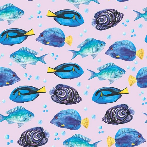 Niebieskie rybki na jasnofioletowym tle