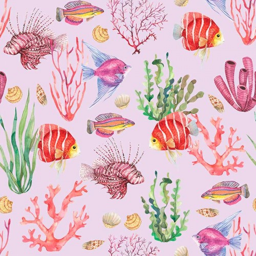 Różowe rybki i rafa koralowa na jasnofioletowym tle