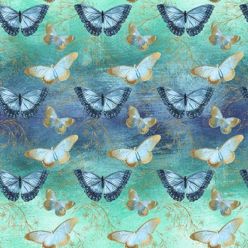 Złoto-błękitne motyle na zielono-granatowym tle