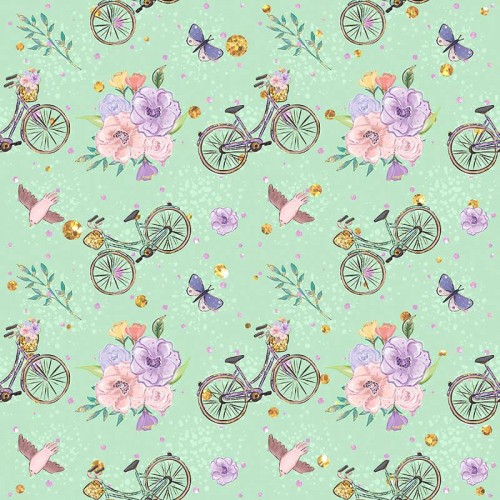 Ptaki i fioletowe rowery na zielonym tle