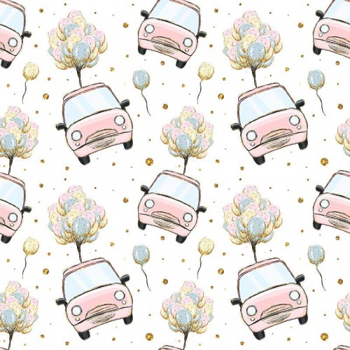 Różowe samochody z balonami na białym tle