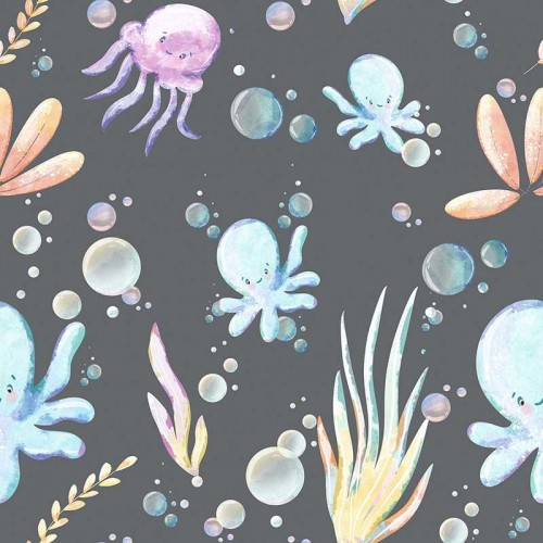Ośmiornice meduzy i rośliny morskie na szarym tle