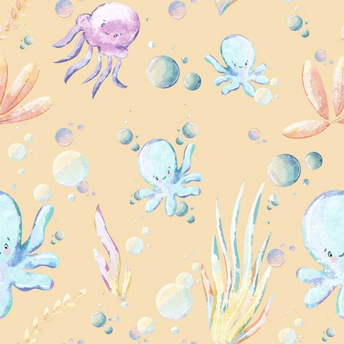 Ośmiornice meduzy i rośliny morskie na beżowym tle