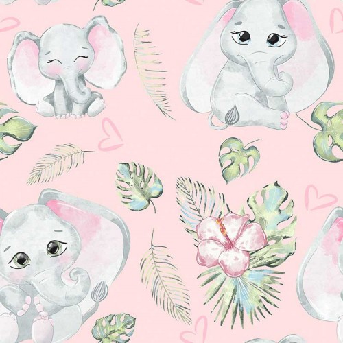 Słonie i kwiaty hibiskusa na różowym tle