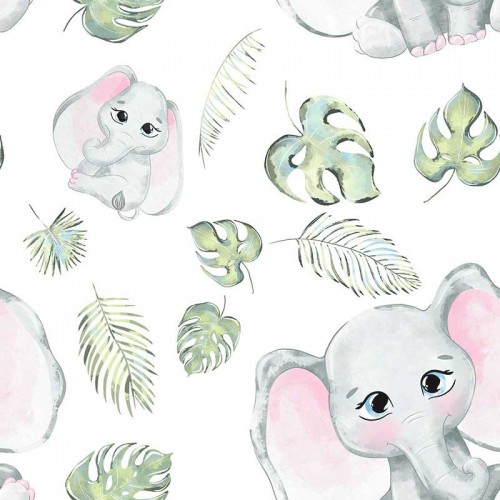 Słonie i liście palmowe na białym tle
