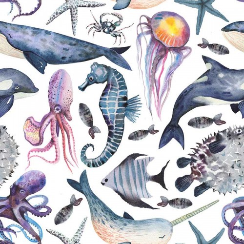 Fioletowe i granatowe morskie zwierzęta na białym tle