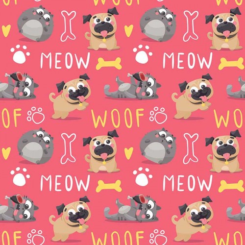 Psy koty i napisy MEOW i WOOF na różowym tle