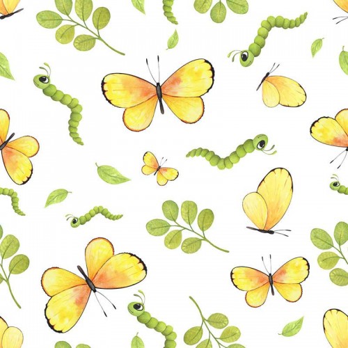 Żółte motyle i dżdżownice na białym tle