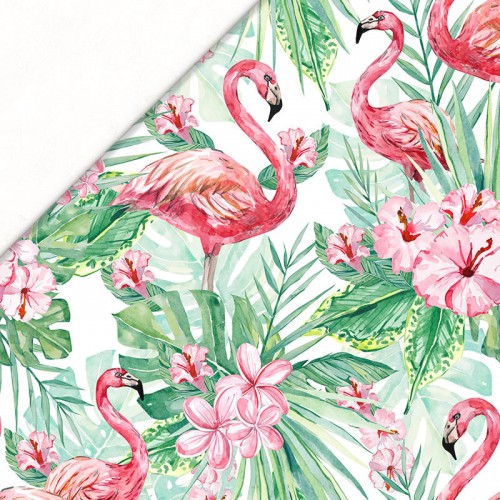 Flamingi wśród tropikalnych kwiatów i liści palmowych