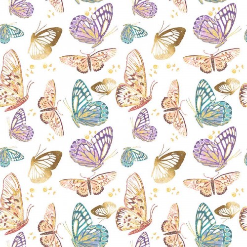 Złote turkusowe i fioletowe motyle na białym tle