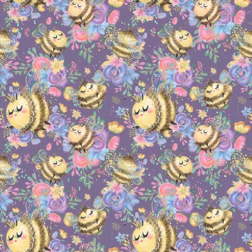 Pszczoły i kwiaty na fioletowym tle