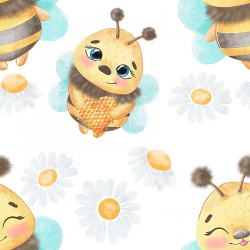 Puchate pszczółki i rumianki na białym tle