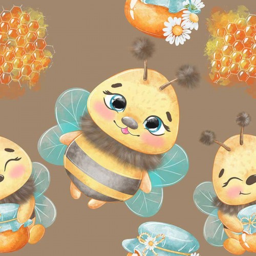 Puchate pszczółki plastry miodu i garnuszki na brązowym tle