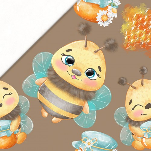 Puchate pszczółki plastry miodu i garnuszki na brązowym tle
