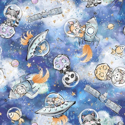 Zwierzęta w statkach kosmicznych na niebiesko-białym tle