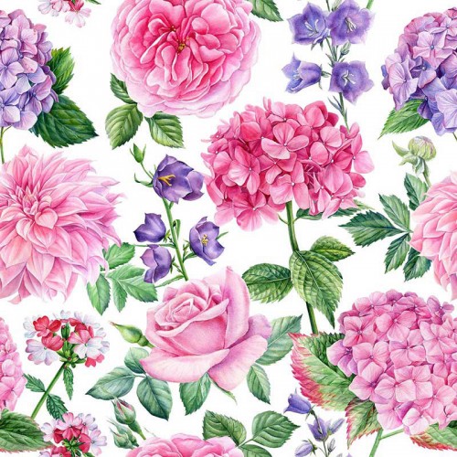 Hortensje różowo fioletowe oraz irysy i róże