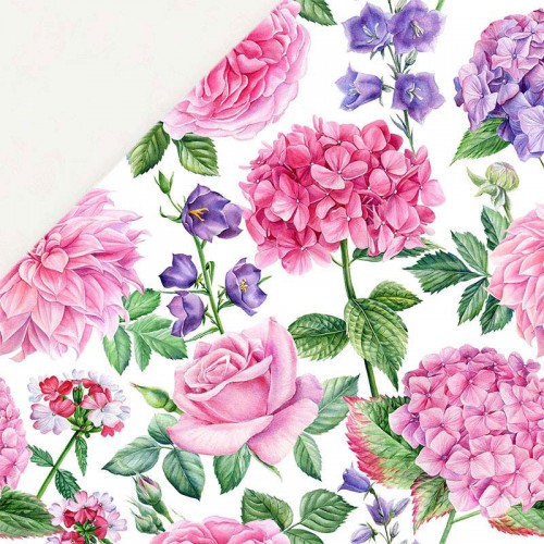 Hortensje różowo fioletowe oraz irysy i róże