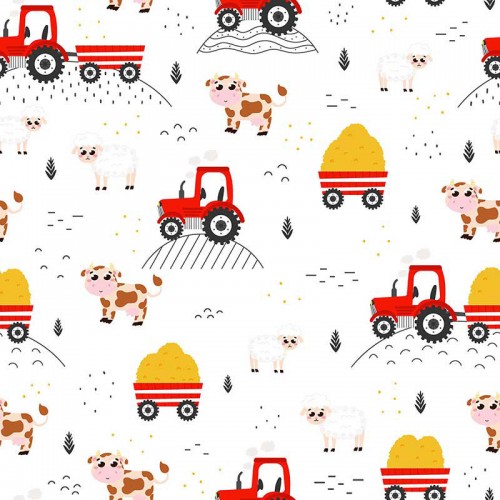 Traktory na farmie wśród krówek i owieczek