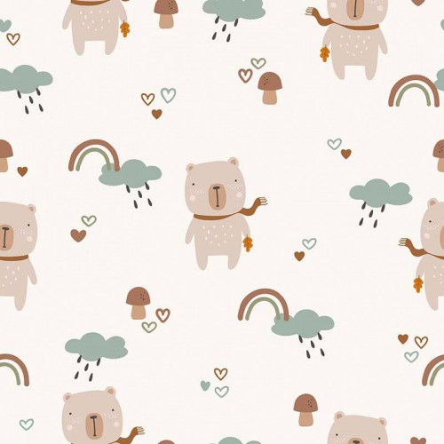 Niedźwiadki w szalikach na tle deszczowych chmur