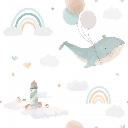 Latające wieloryby z balonami na tle tęczy i latarni morskich