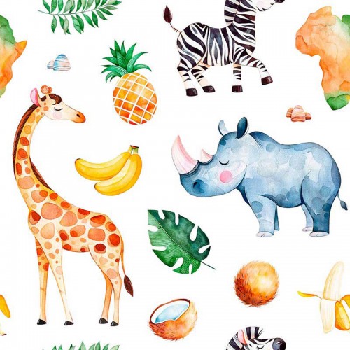 Żyrafy, zebry i nosorożce z owocami