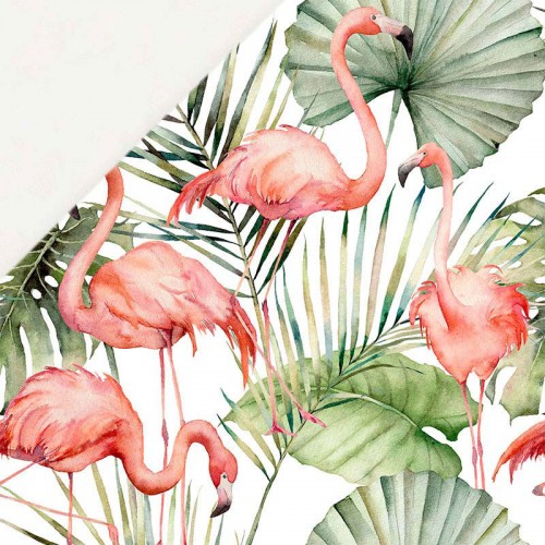 Flamingi na tle liści palmy