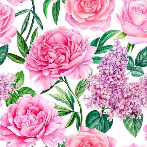 Różowe róże i fioletowe kwiaty bzu