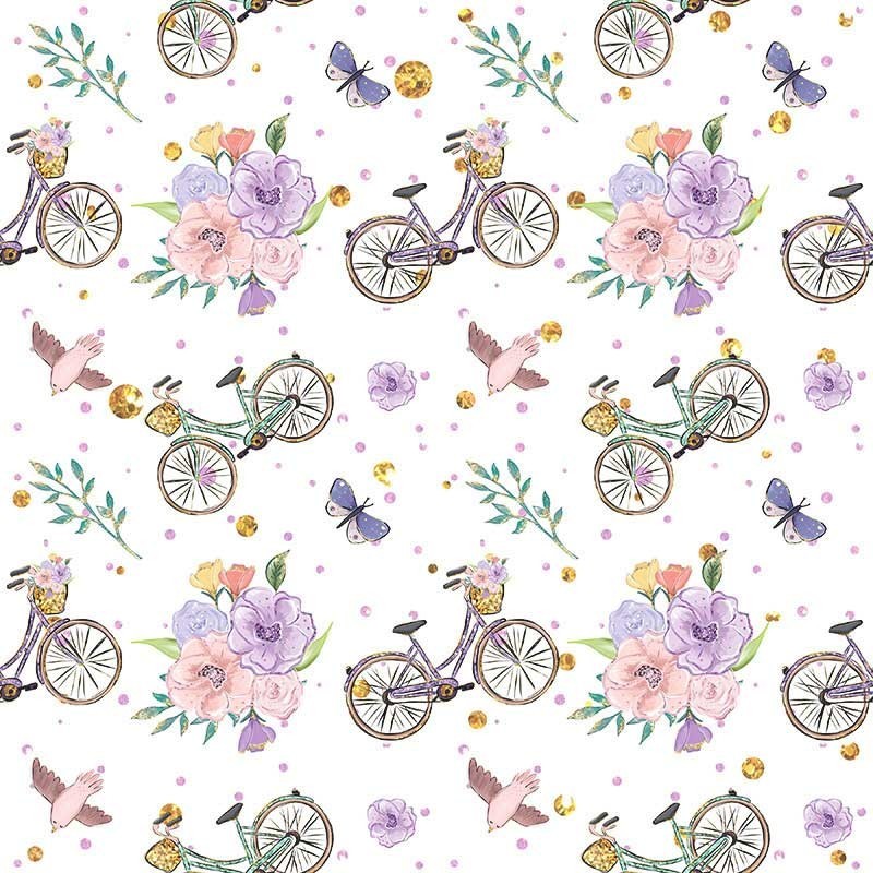 Ptaki i fioletowe rowery na białym tle