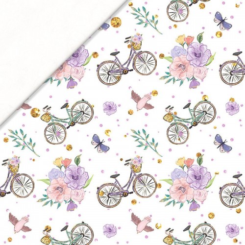 Ptaki i fioletowe rowery na białym tle