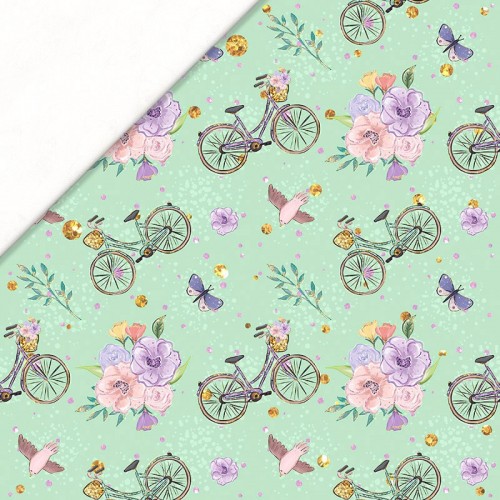 Ptaki i fioletowe rowery na zielonym tle