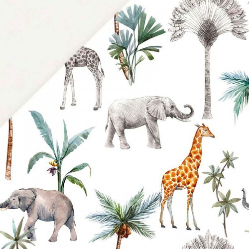 Słonie i żyrafy wśród palm