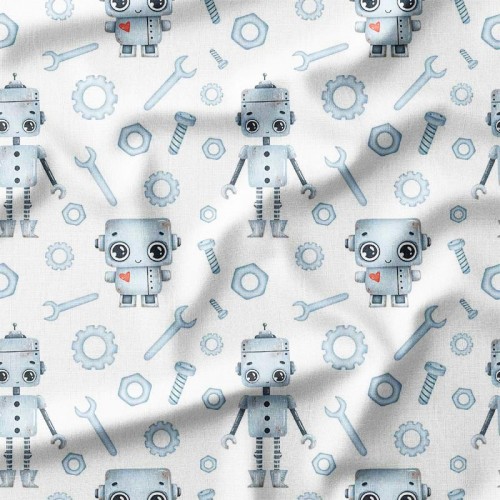 Błękitne roboty i śruby na białym tle