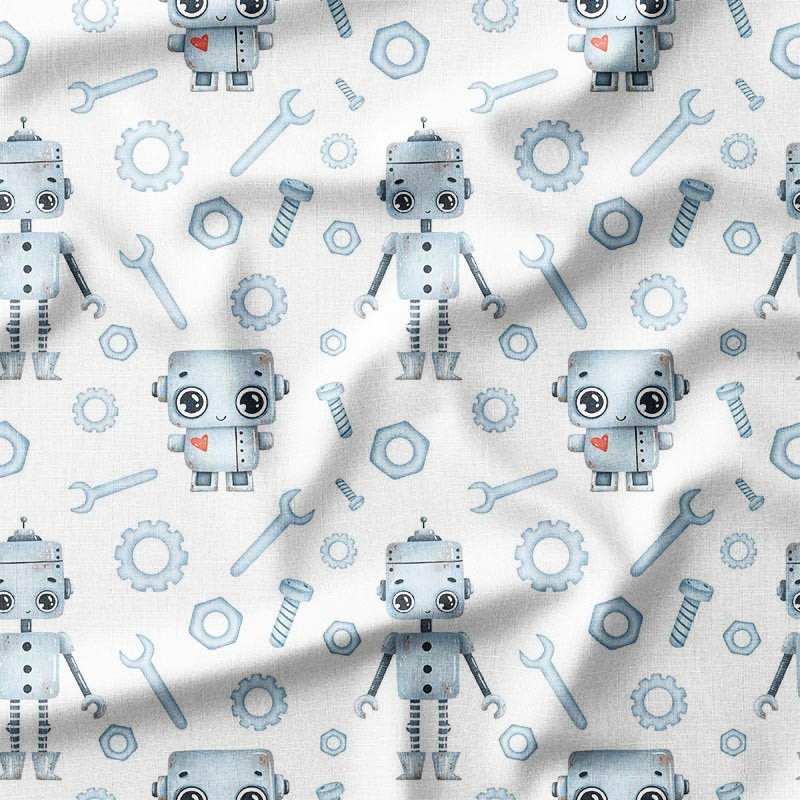 Błękitne roboty i śruby na białym tle
