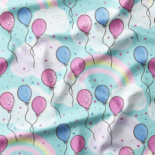 Filoletowe i różowe balony na turkusowym tle w tęcze