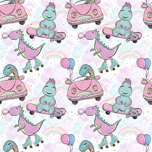 Bawiące się dinozaury na fioletowym tle w chmurki