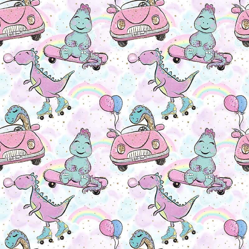 Bawiące się dinozaury na fioletowym tle w chmurki