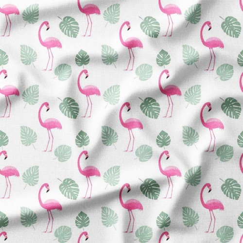 Flamingi i zielona liście palmowe na białym tle