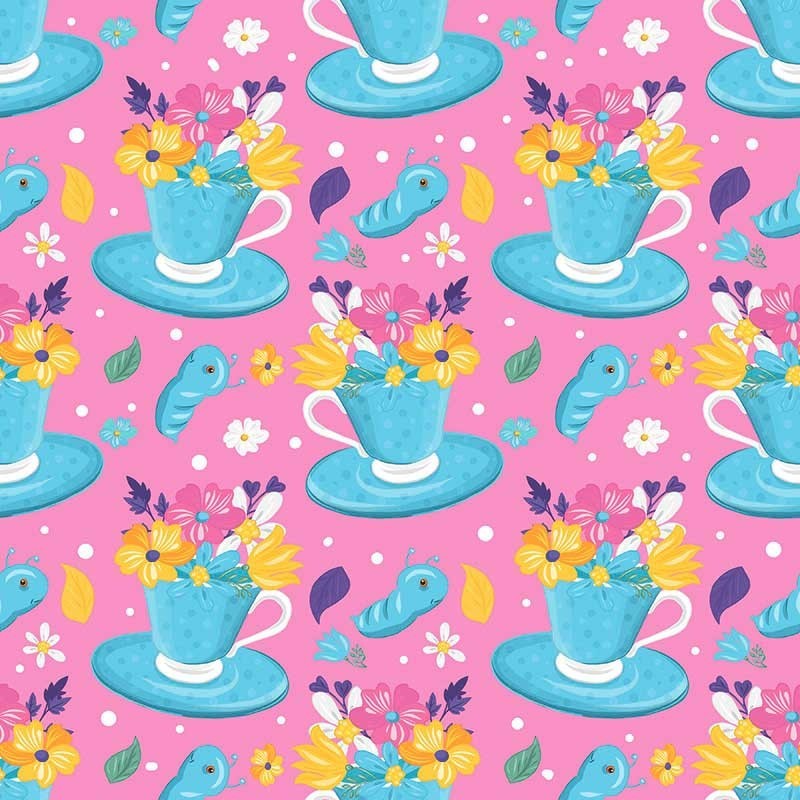 Błękitne filiżanki z kwiatami na różowym tle