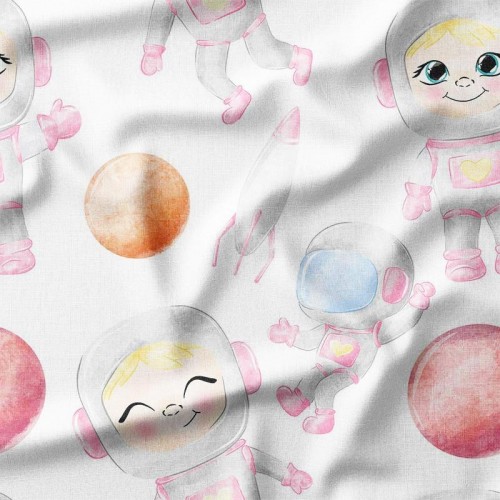 Astronauci i planety w odcieniach różu