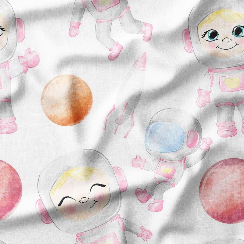 Astronauci i planety w odcieniach różu